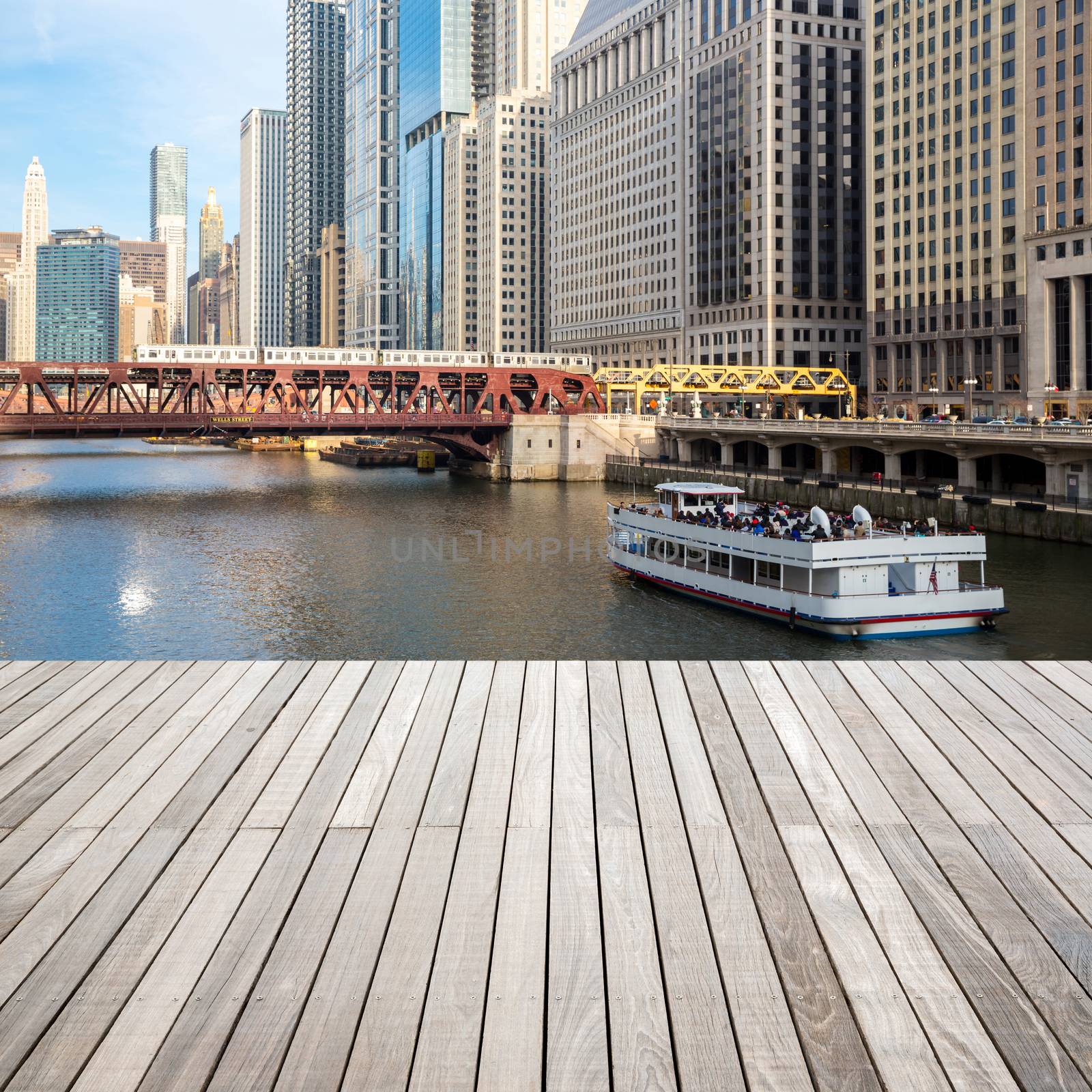 City of Chicago downtown and River with wooden terrace