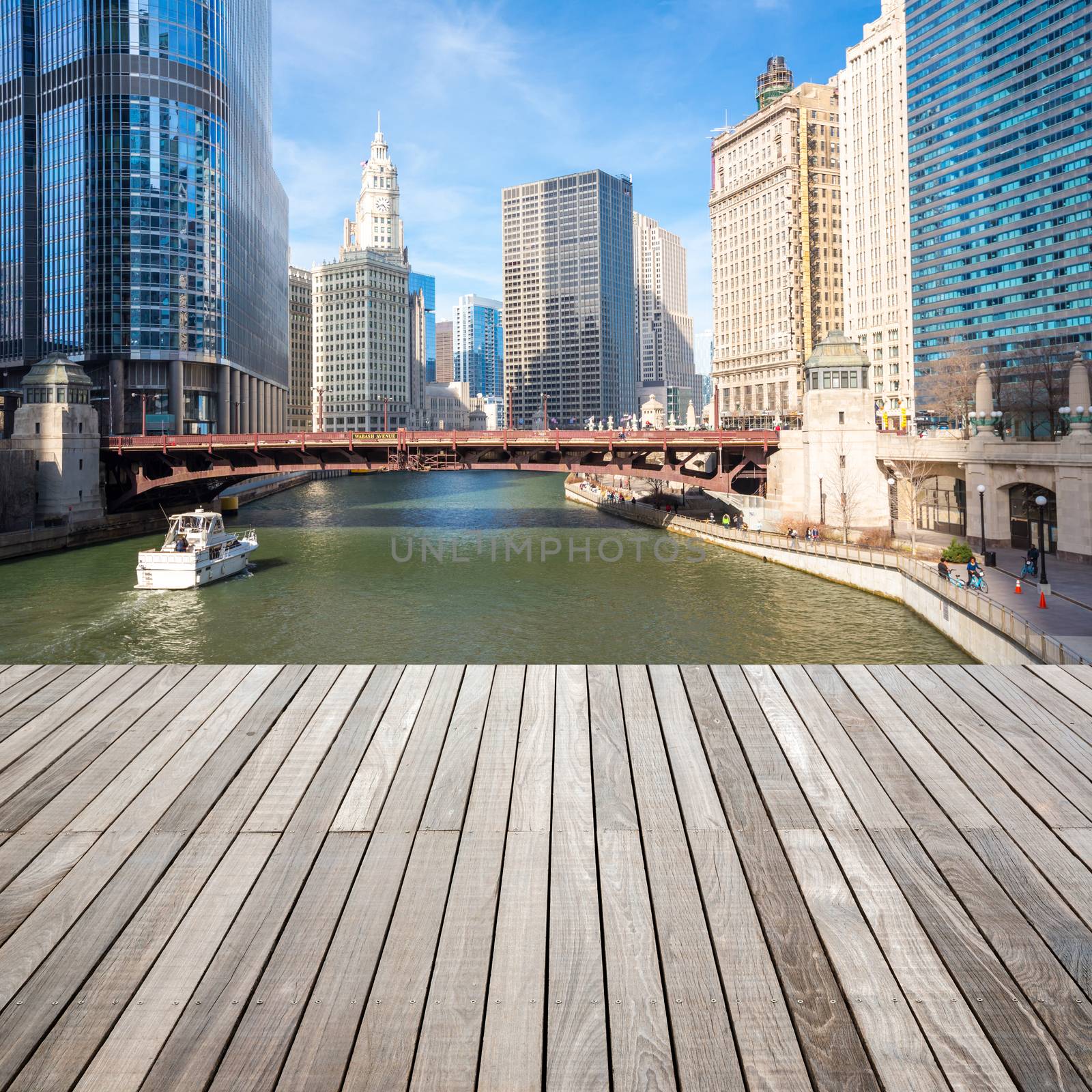 City of Chicago downtown and River with wooden terrace