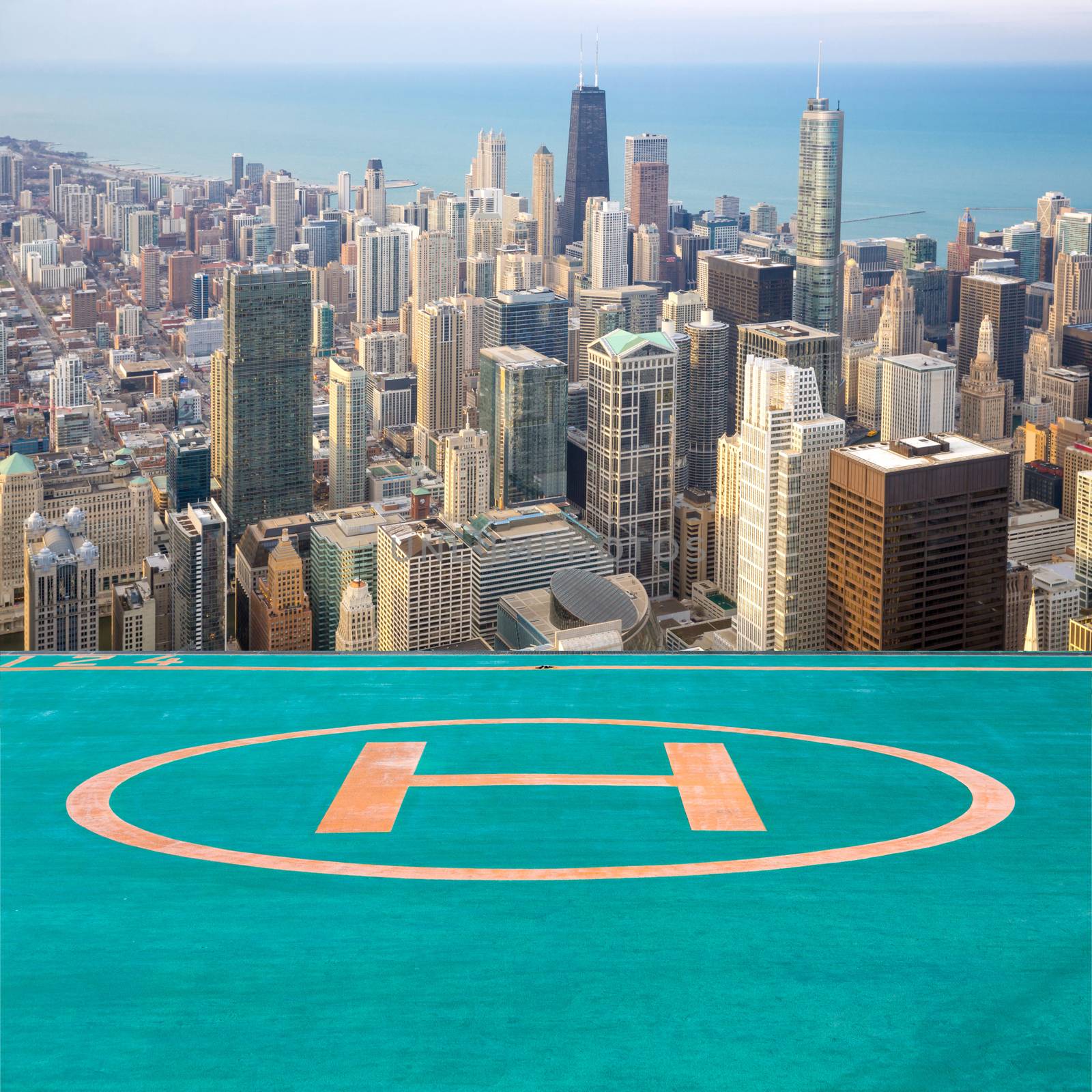 Aerial view of Chicago City downtown with helipad airport