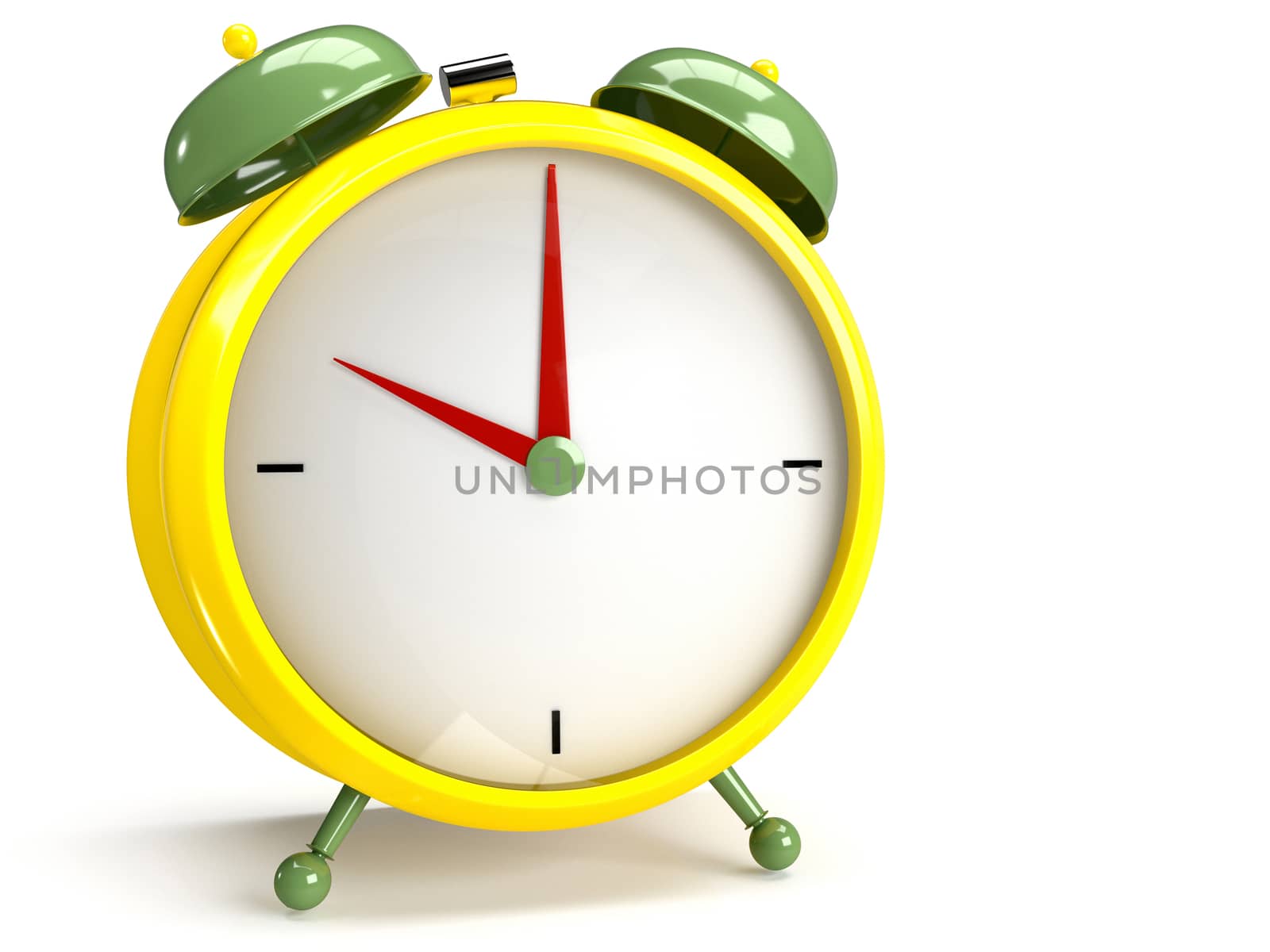Closeup view of colorful alarm clock on white background. 3D rendering