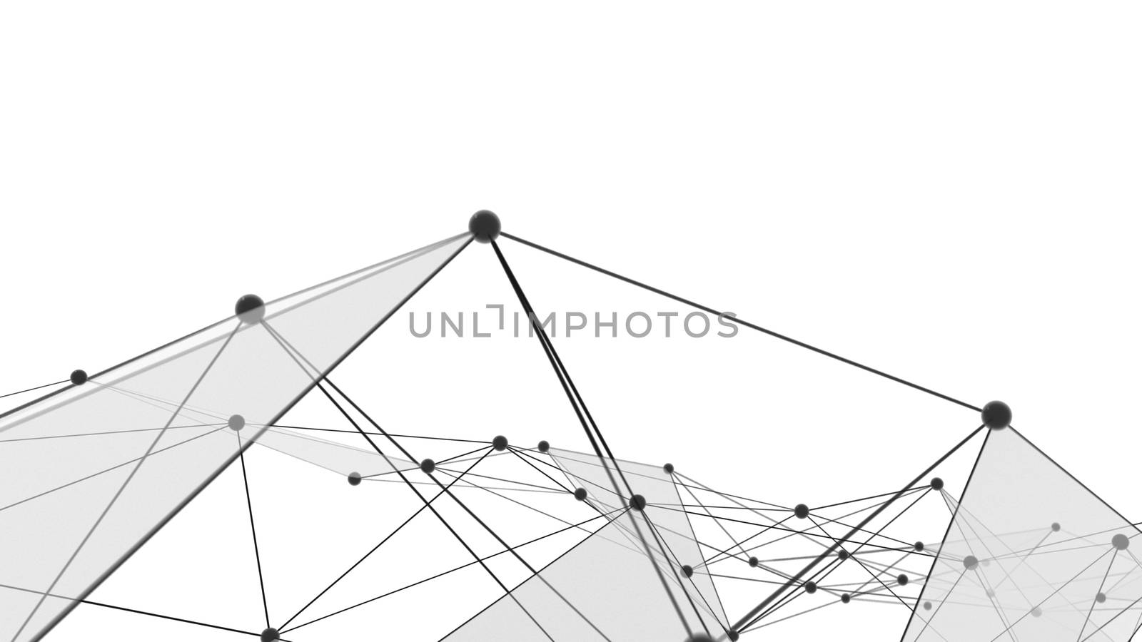 Concept of Network, Internet Communication. The black points are connected by lines and blue transparent triangles. 3D Illustration