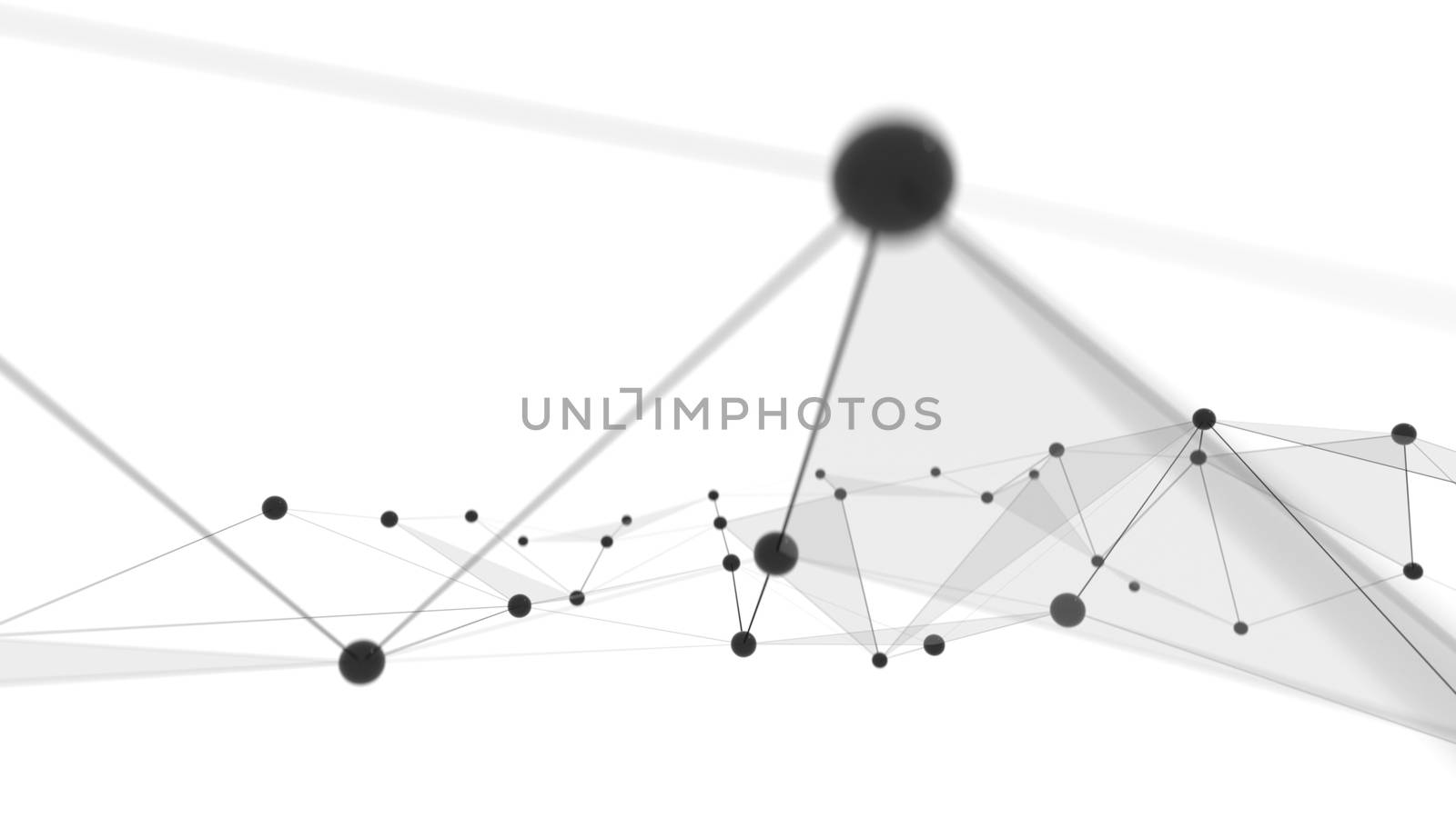 Concept of Network, Internet Communication. The black points are connected by lines and blue transparent triangles. 3D Illustration