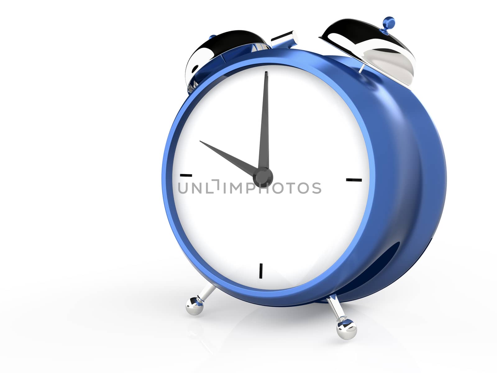Closeup view of blue alarm clock on white background. 3D renderi by Nobilior