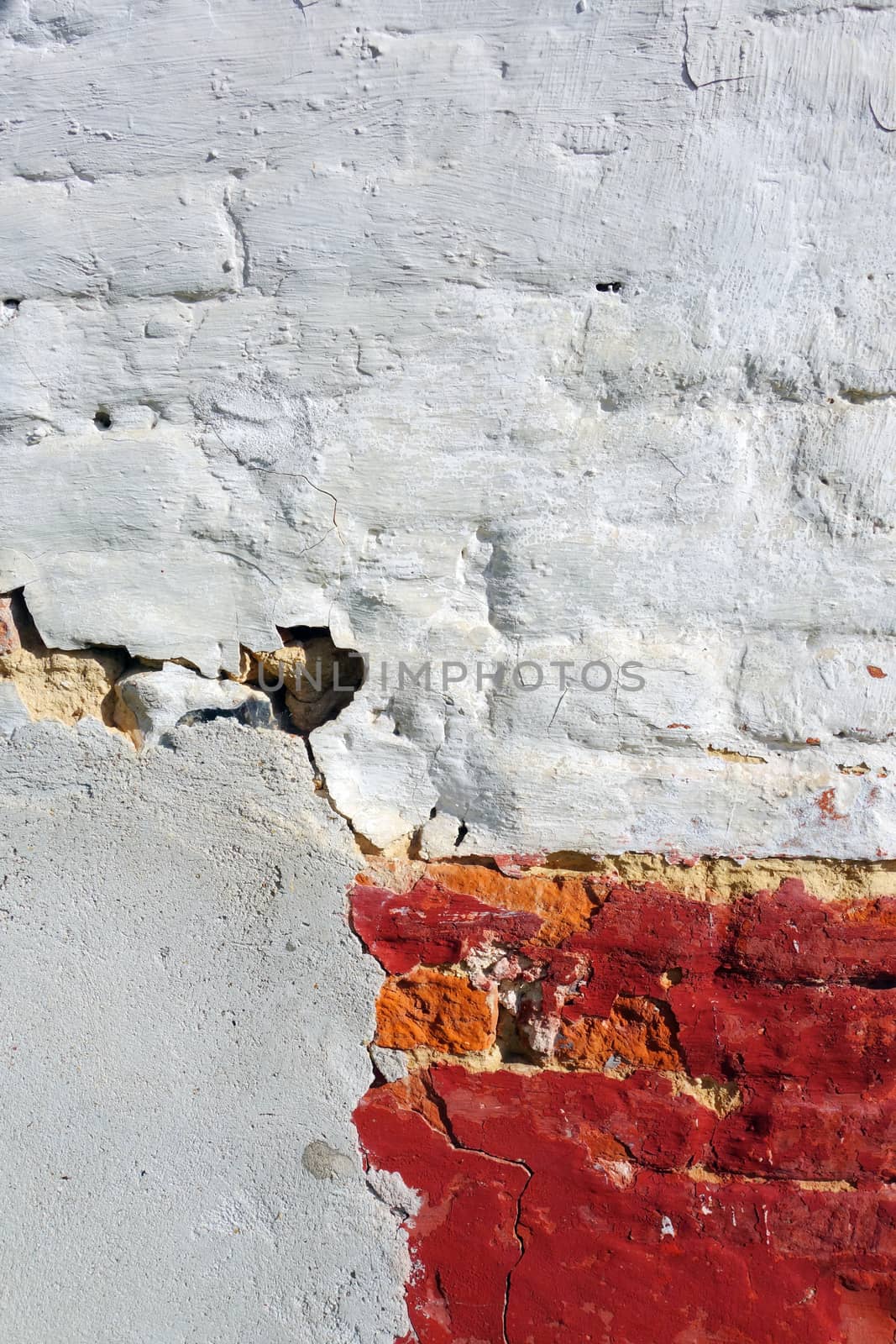 Brick, plaster and concrete wall detail background