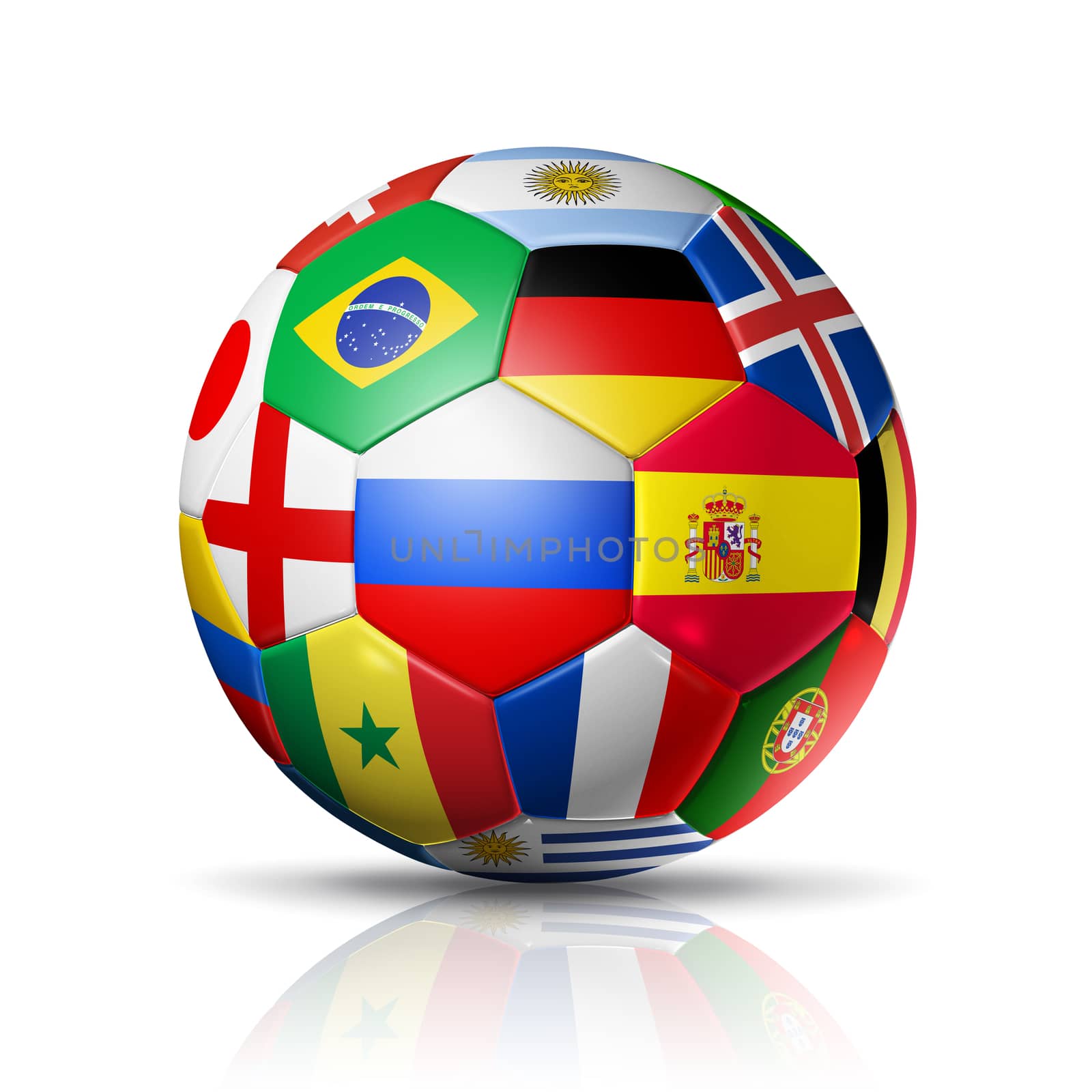 3D football soccer ball with team national flags. Russia 2018. Isolated on white