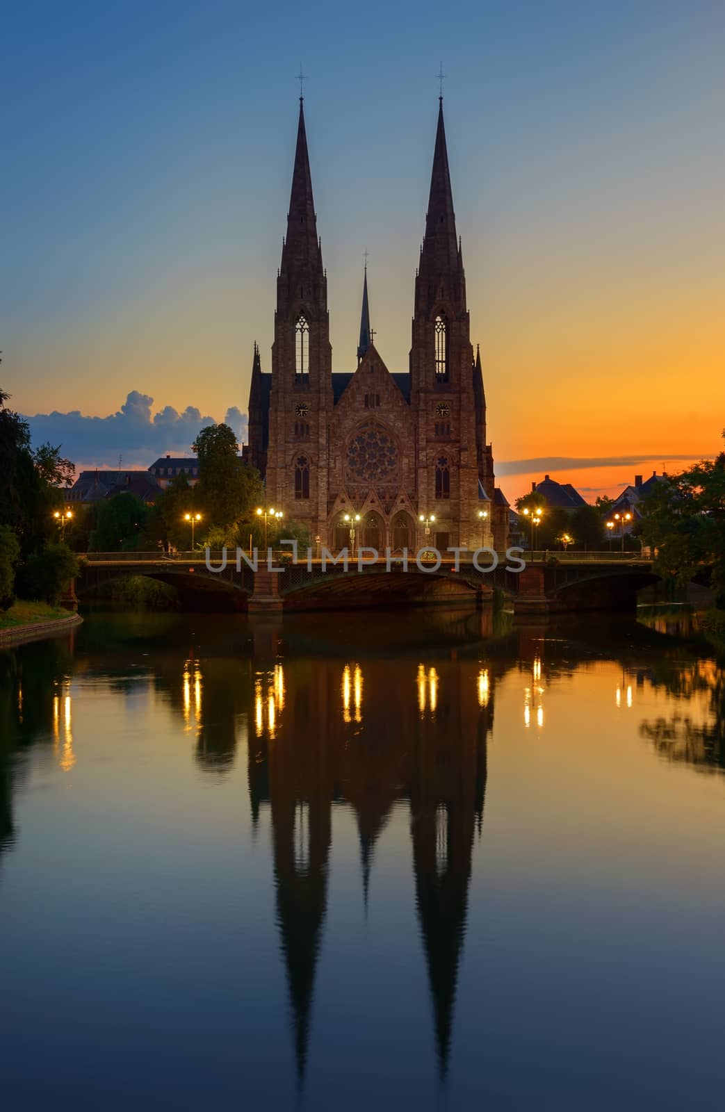 Reformed Church of St. Paul in Strasbourg at sunrise, France