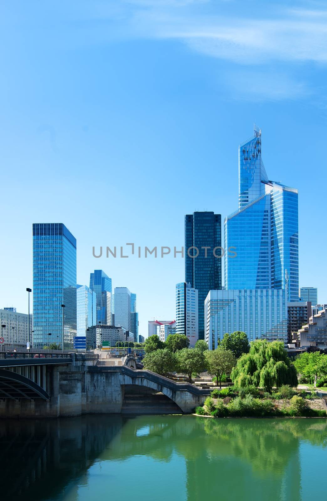 Skyscrapers with glass facade. Modern buildings in Paris business district.