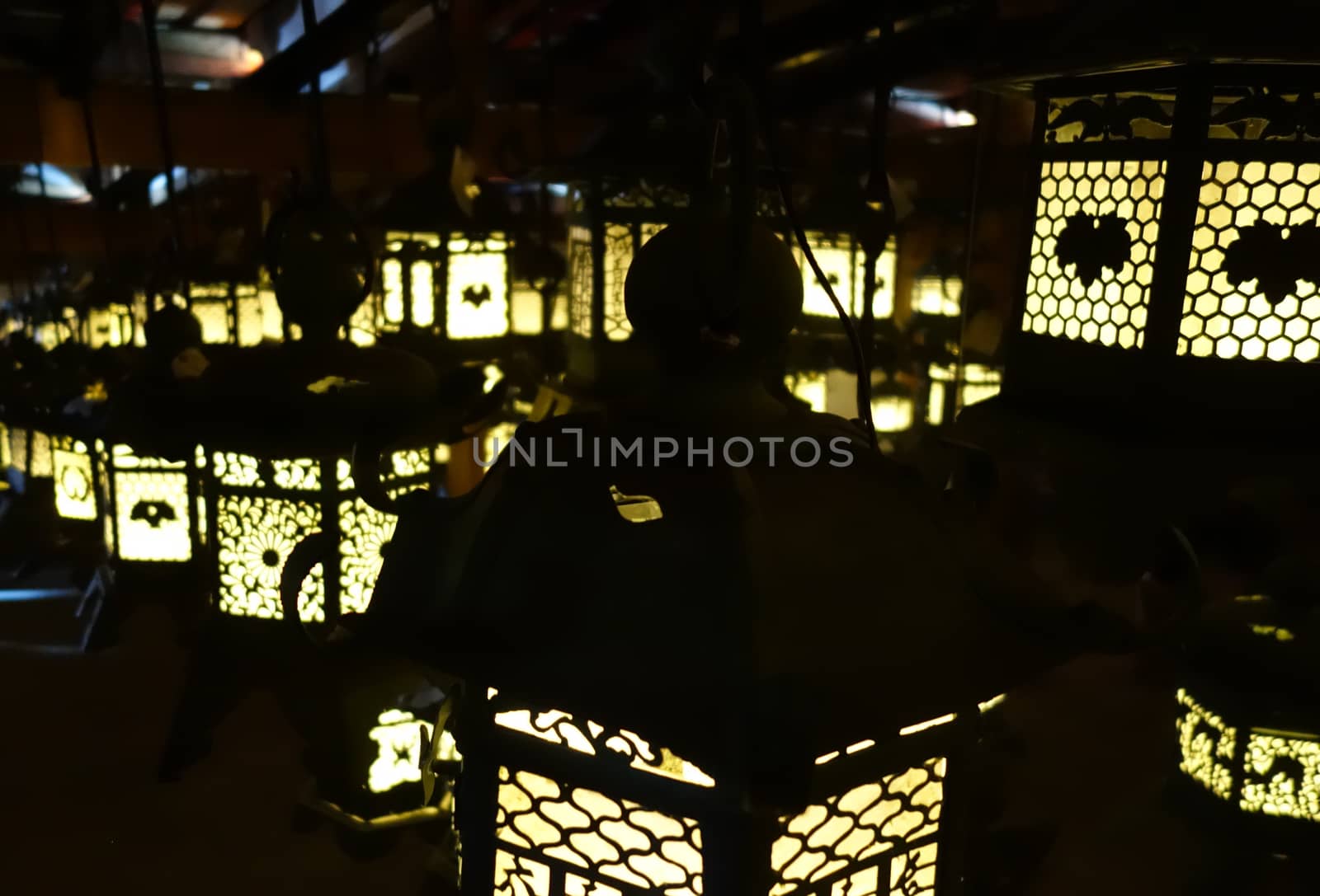Lanterns lighting in the dark, Kasuga-Taisha Shrine temple, Nara, Japan