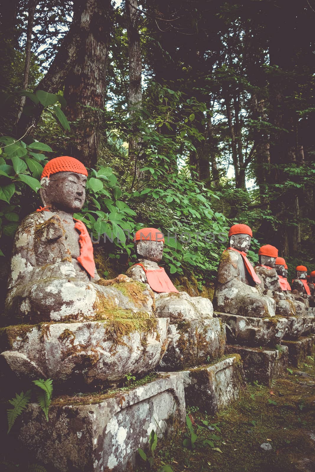 Narabi Jizo statues landmark in Kanmangafuchi abyss, Nikko, Japan