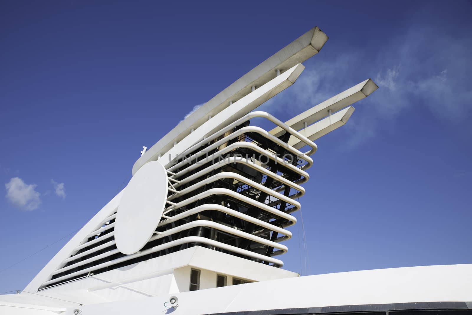 chimney of big cruise ship with blue sky