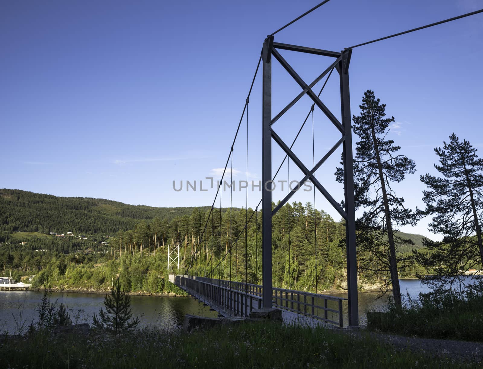 bridge over Leira fjord in norway with blue sky background