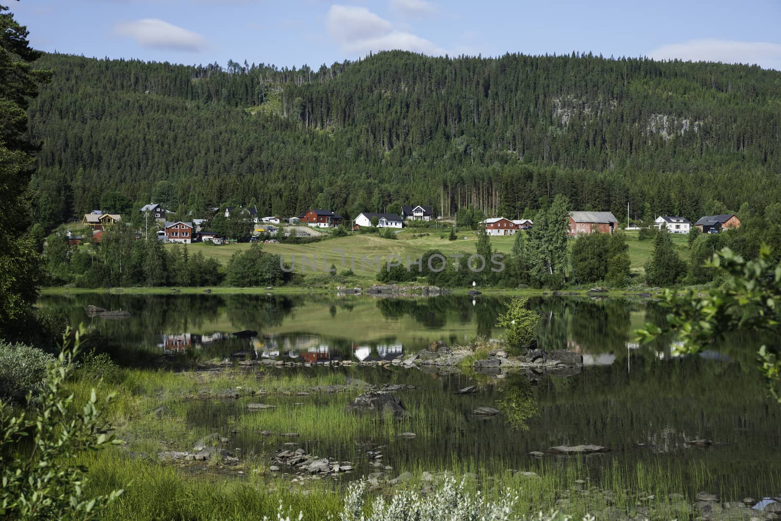 typical red and white houses in norway with reflection in the water of the leira fjord in middle norway