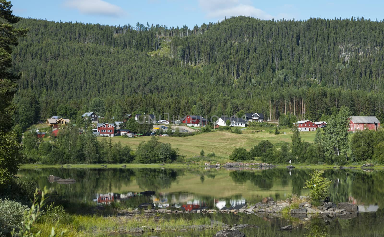 typical red and white houses in norway with reflection in the water of the leira fjord in middle norway