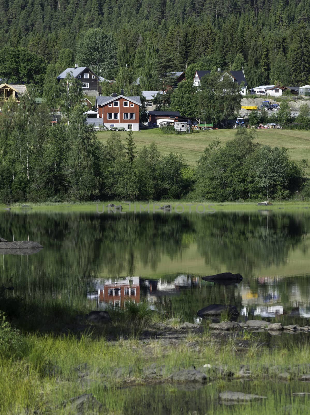 typical red and white houses in norway with reflection in the water of the leira fjord in middle norway