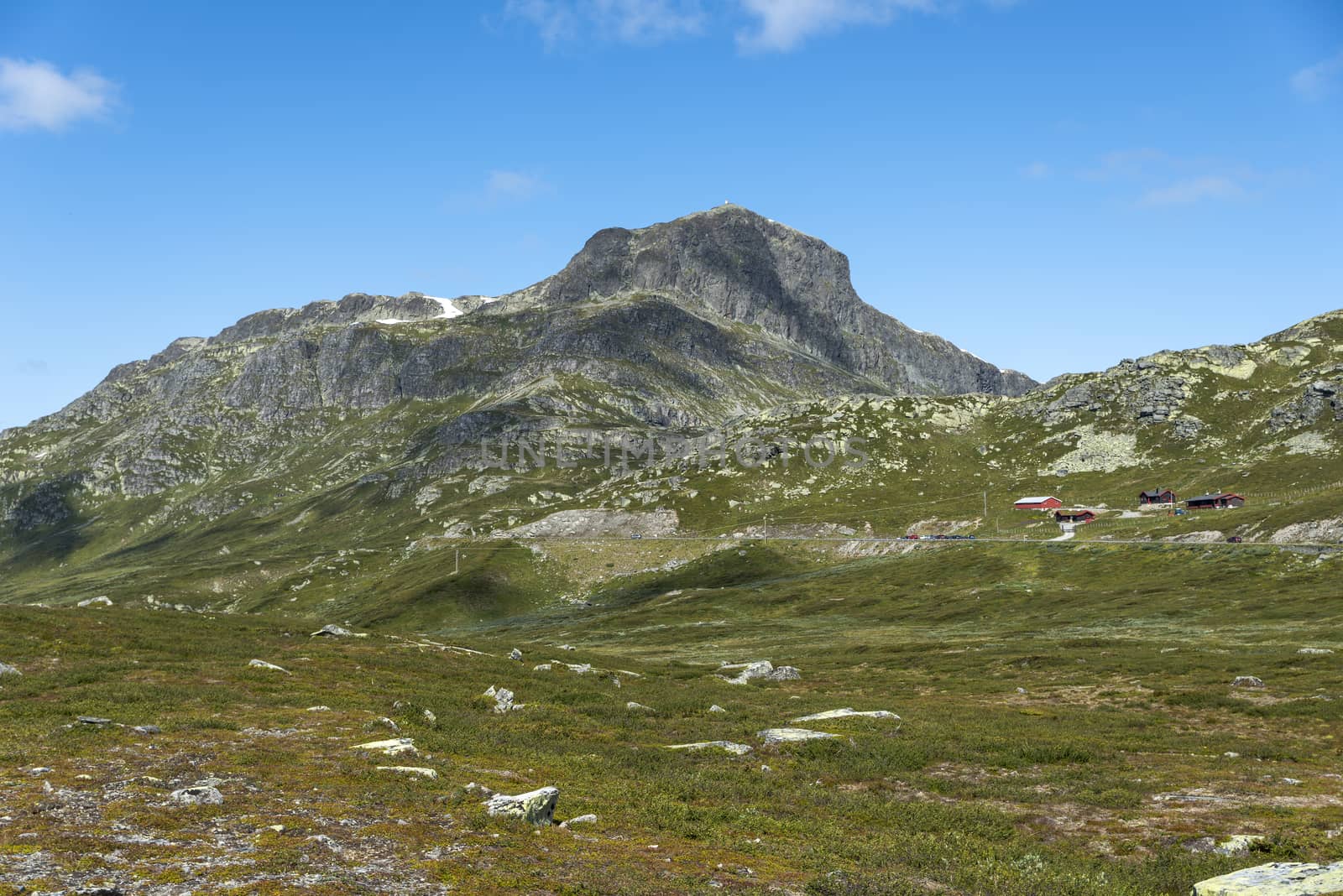 background of green hills and mountains in norway with blue sky background