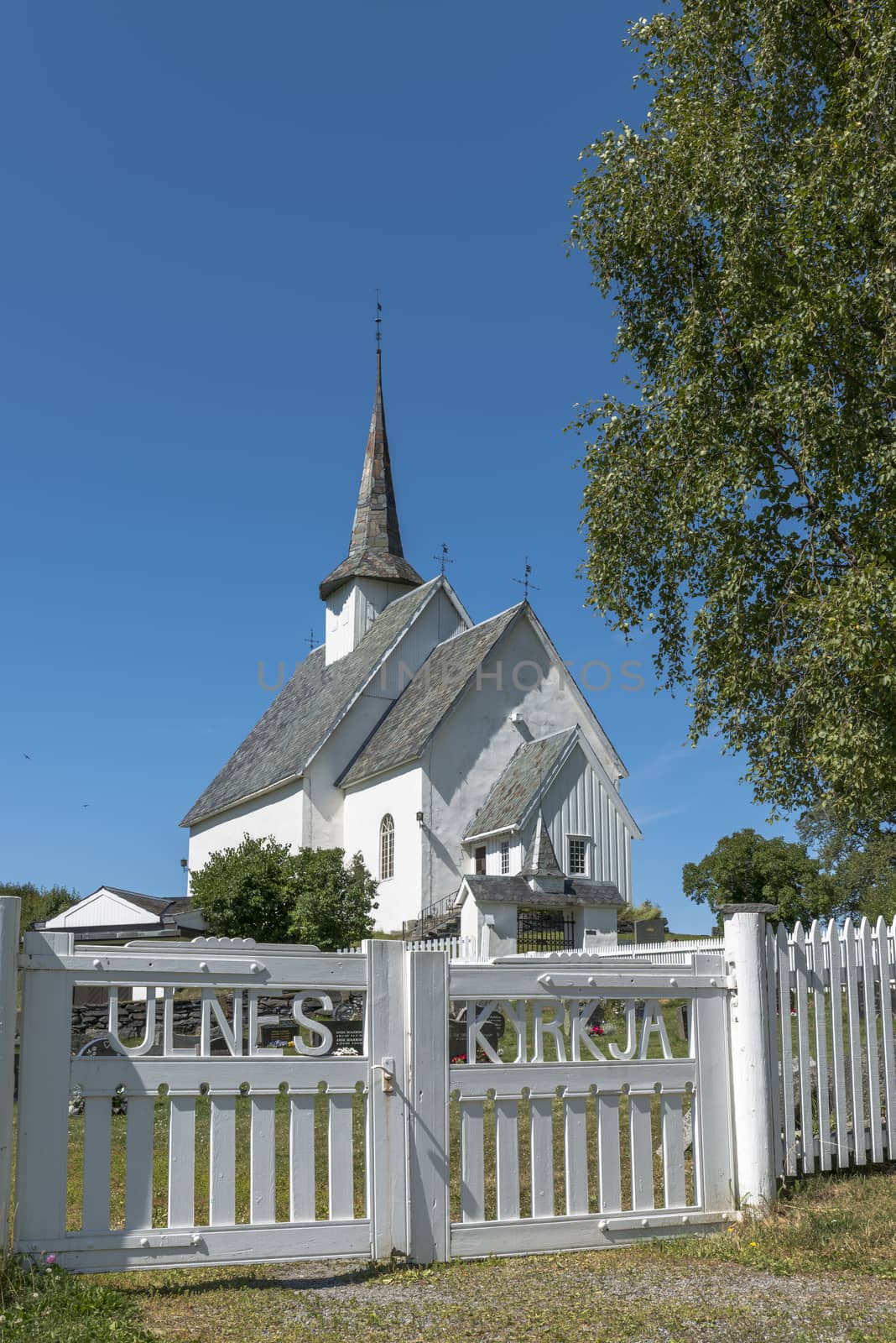 Europe Norway Ulnes Kyrkje church along lakeshore in central Norway