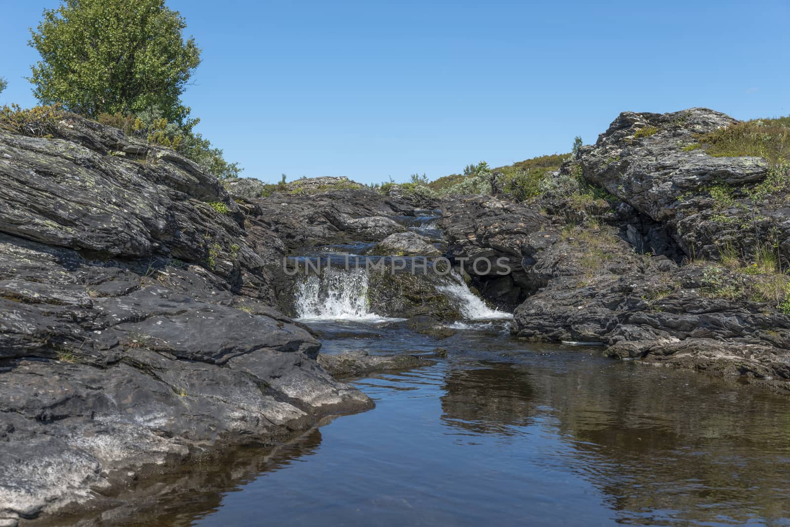 waterfall and rocks on the toll way in norway near Beitostolen