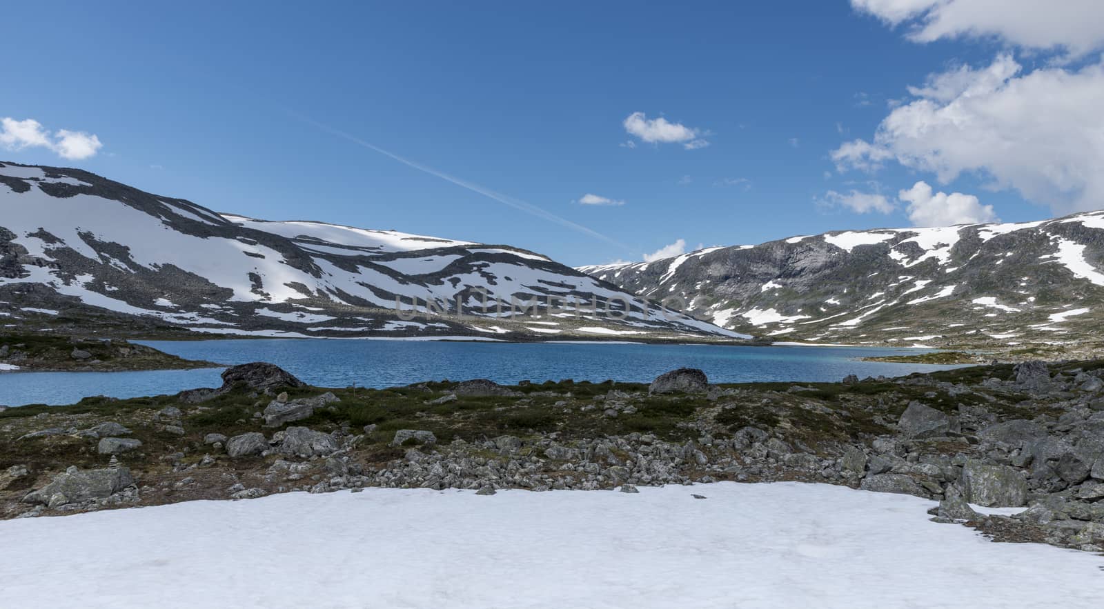 panorama of gamle strynefjellsvegen one of the most beautifull auto roads in norway with snow in summer 