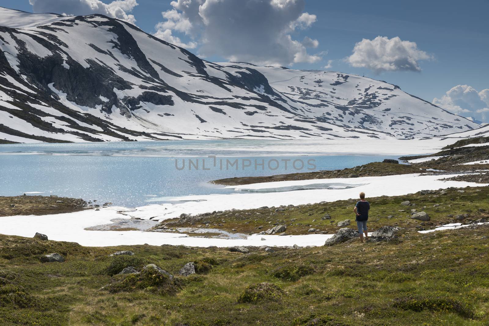 woman looking at the beautifull nature at the gamle strynefjellsvegen one of the most beautifull auto roads in norway with snow in summer 