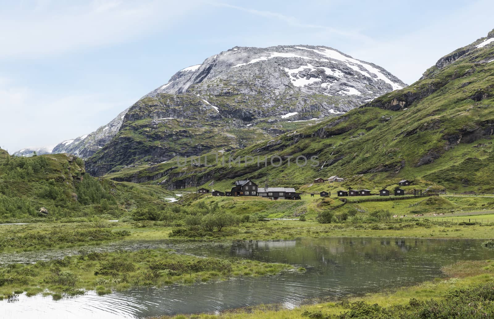houses in nature area Jostedalsbreen in summer with snow on the mountains