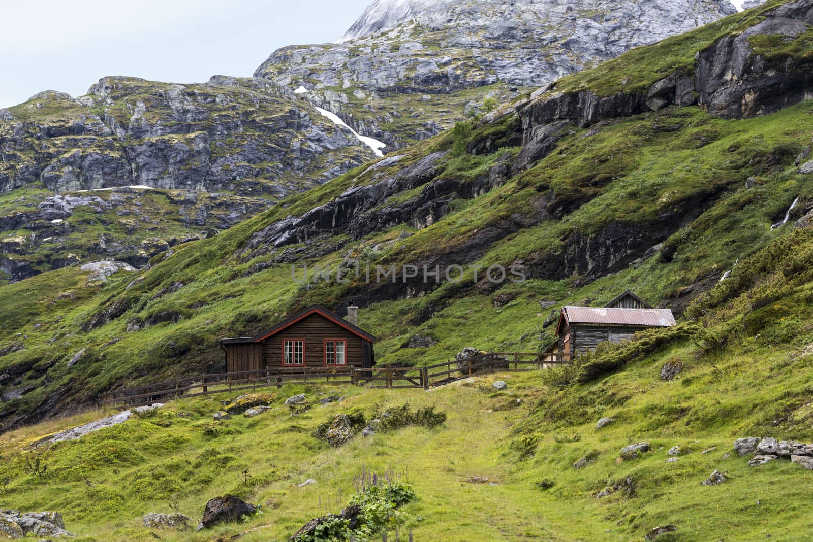 wooden house on the hills of the Jostedalsbreen nature park  in summer with snow on the mountains