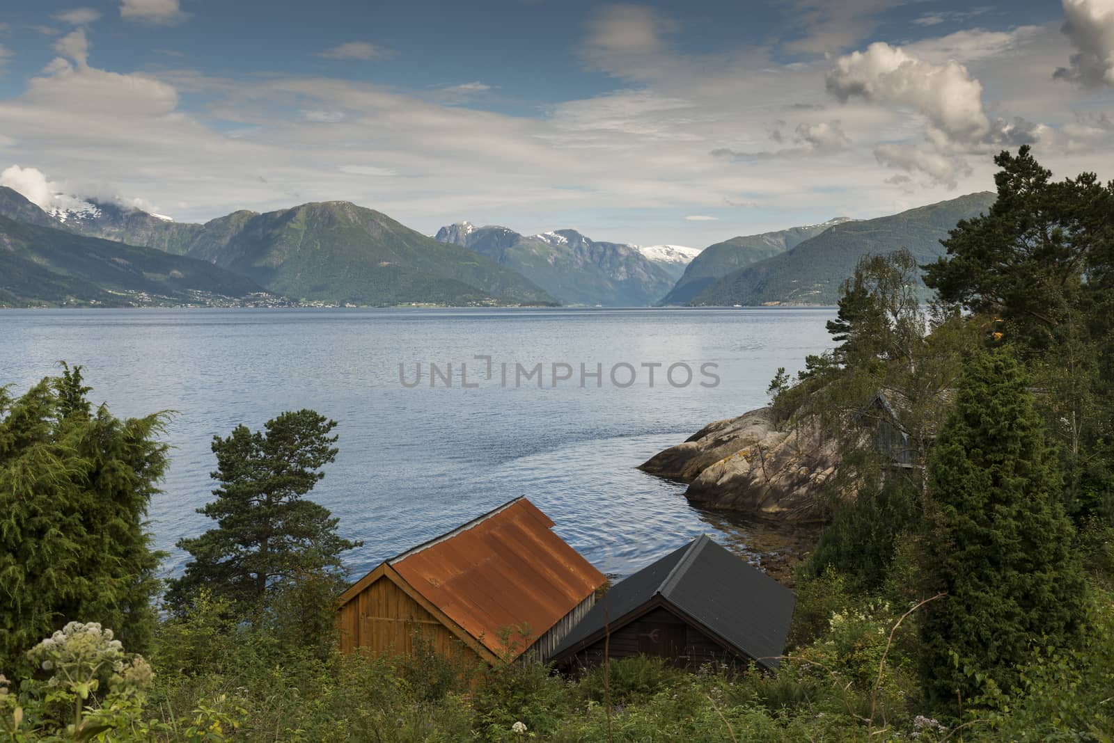 view on sognefjord in norway from Vik with balestrand across the water