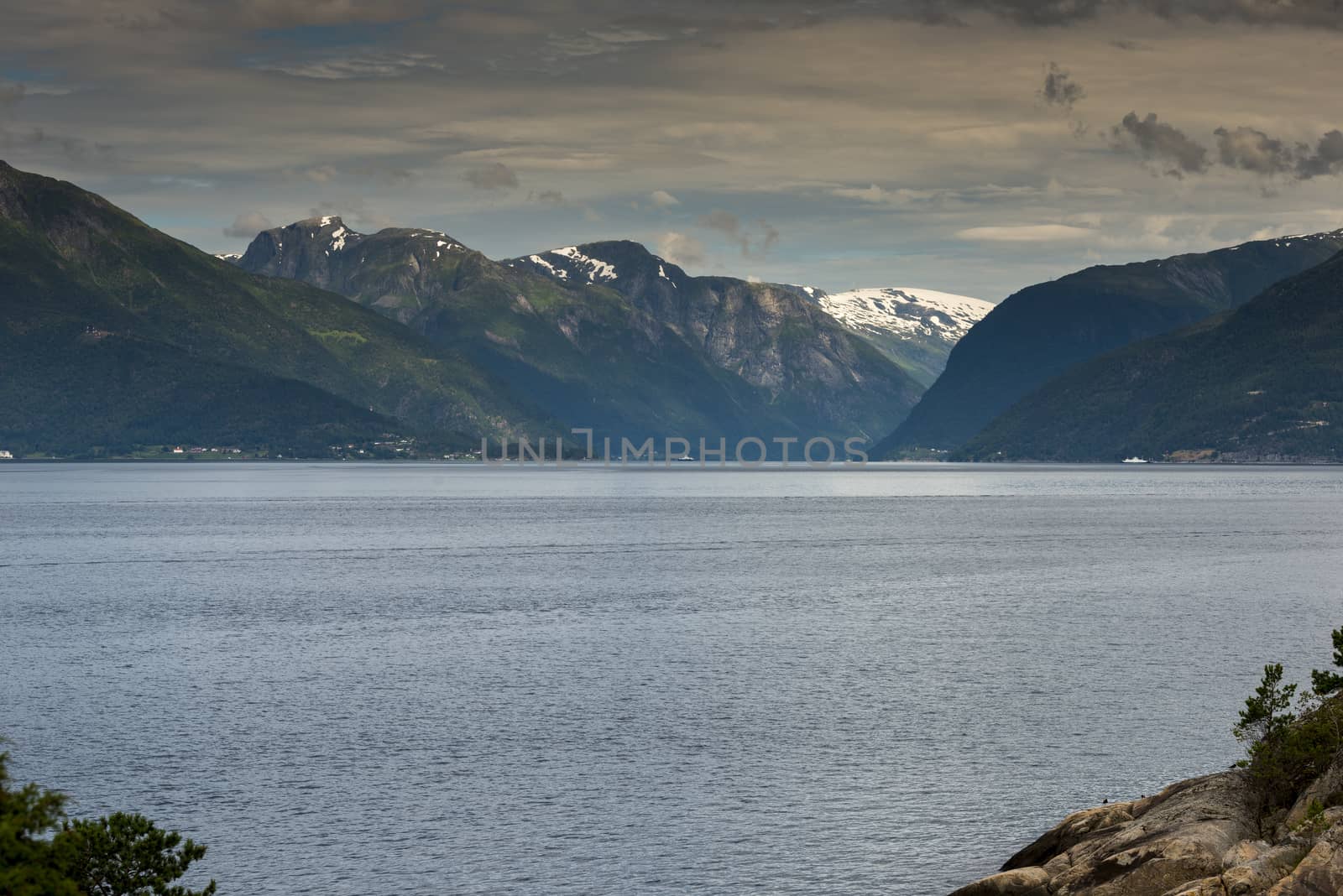 Sognefjord in norway with mountains and balestrand as background
