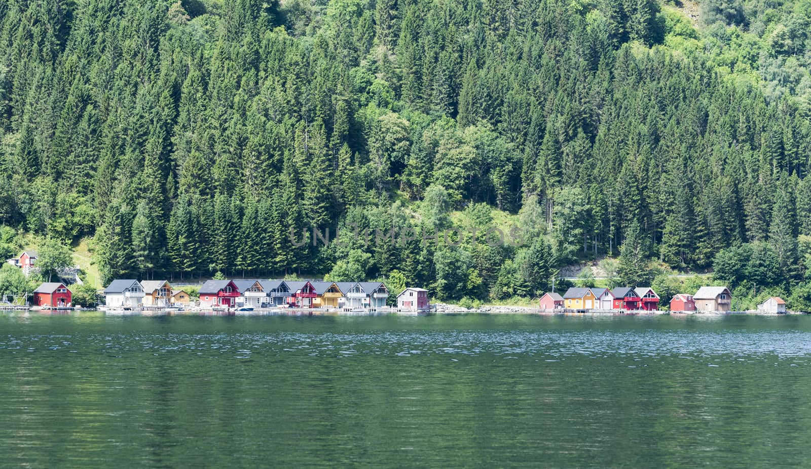 typical wooden houses in red orange and blue in the village called Vik at the sognefjord in Norway