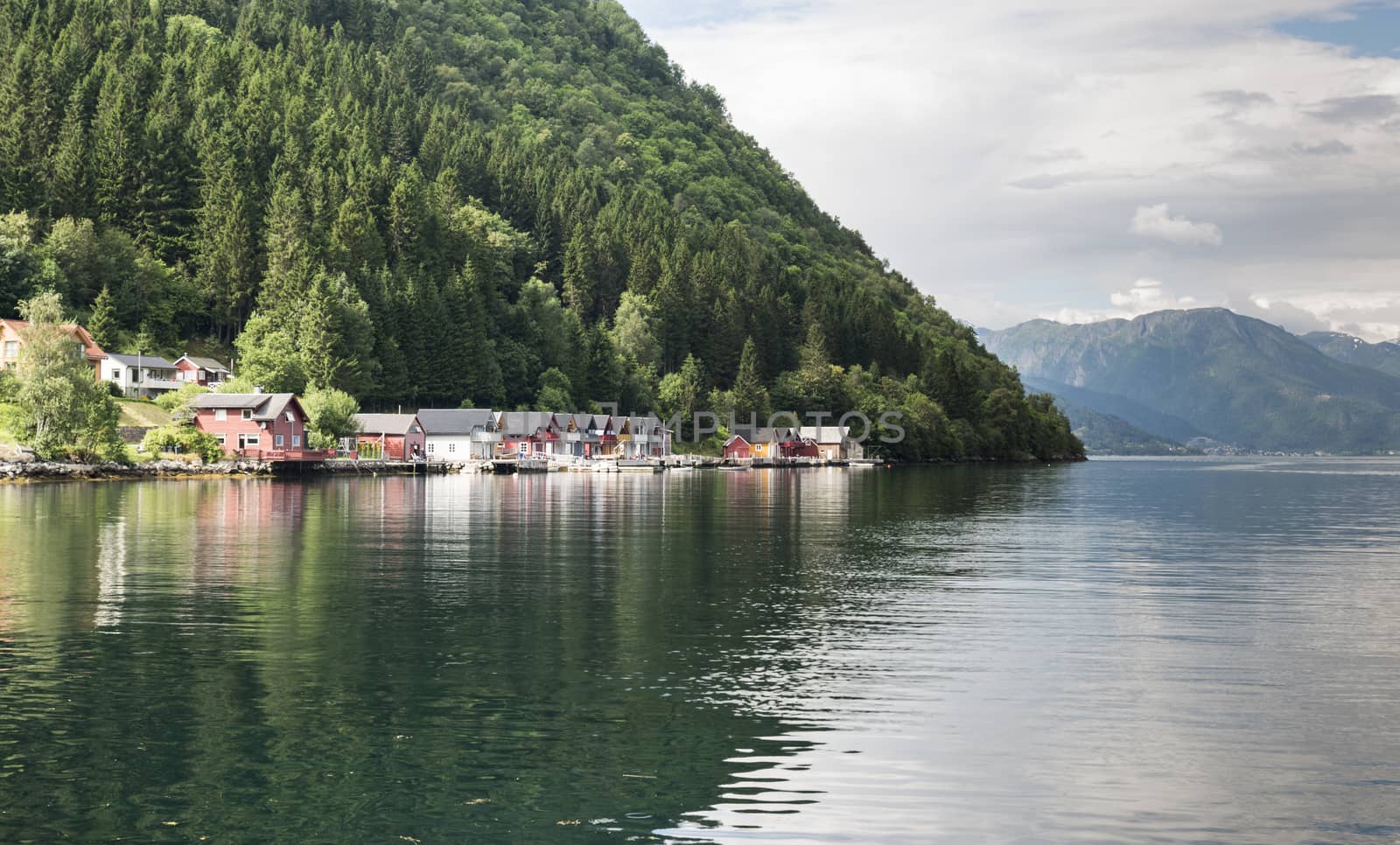 typical wooden houses in red orange and blue in the village called Vik at the sognefjord in Norway