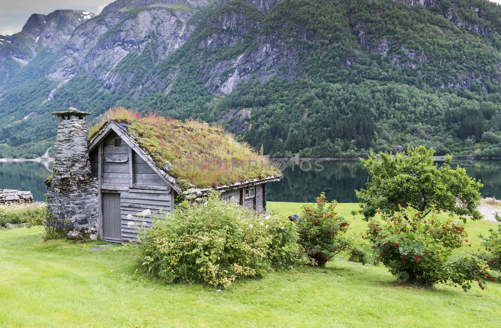old fairytale-like house of wood with chimney of stacked slate and a roof with planting and trees on a fjord in Norway with garden with red flowers and green plants near Balastrand
