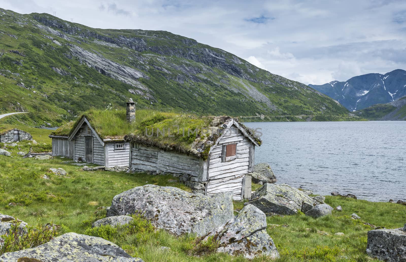 old fairytale-like house of wood with chimney of stacked slate and a roof with planting and trees on a fjord in Norway with garden with red flowers and green plants near Balastrand
