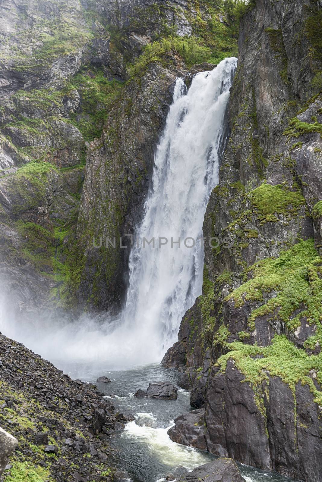 Voringfossen waterfall in norway seen from below after a walking track from 2 hours