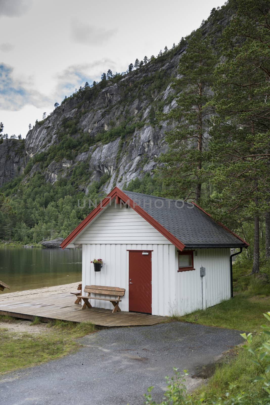 white typical wooden house in norway at the highlands near valle