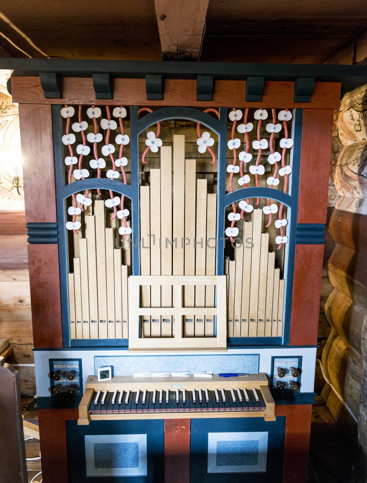 old wooden organ in church in bykle by compuinfoto