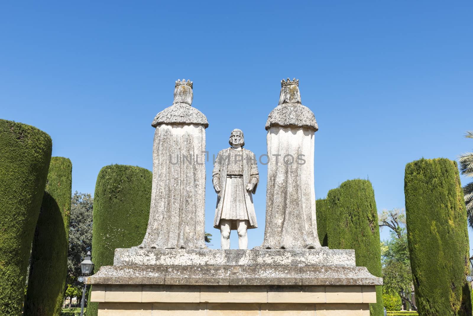 Old Stone Statues of the Christian Kings with Cristobal Colon in the gardens of the Alcazar in Cordoba Spain