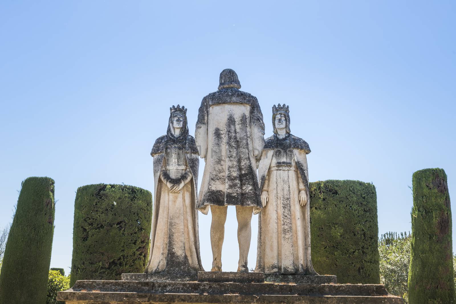 Old Stone Statues of the Christian Kings with Cristobal Colon in the gardens of the Alcazar in Cordoba Spain