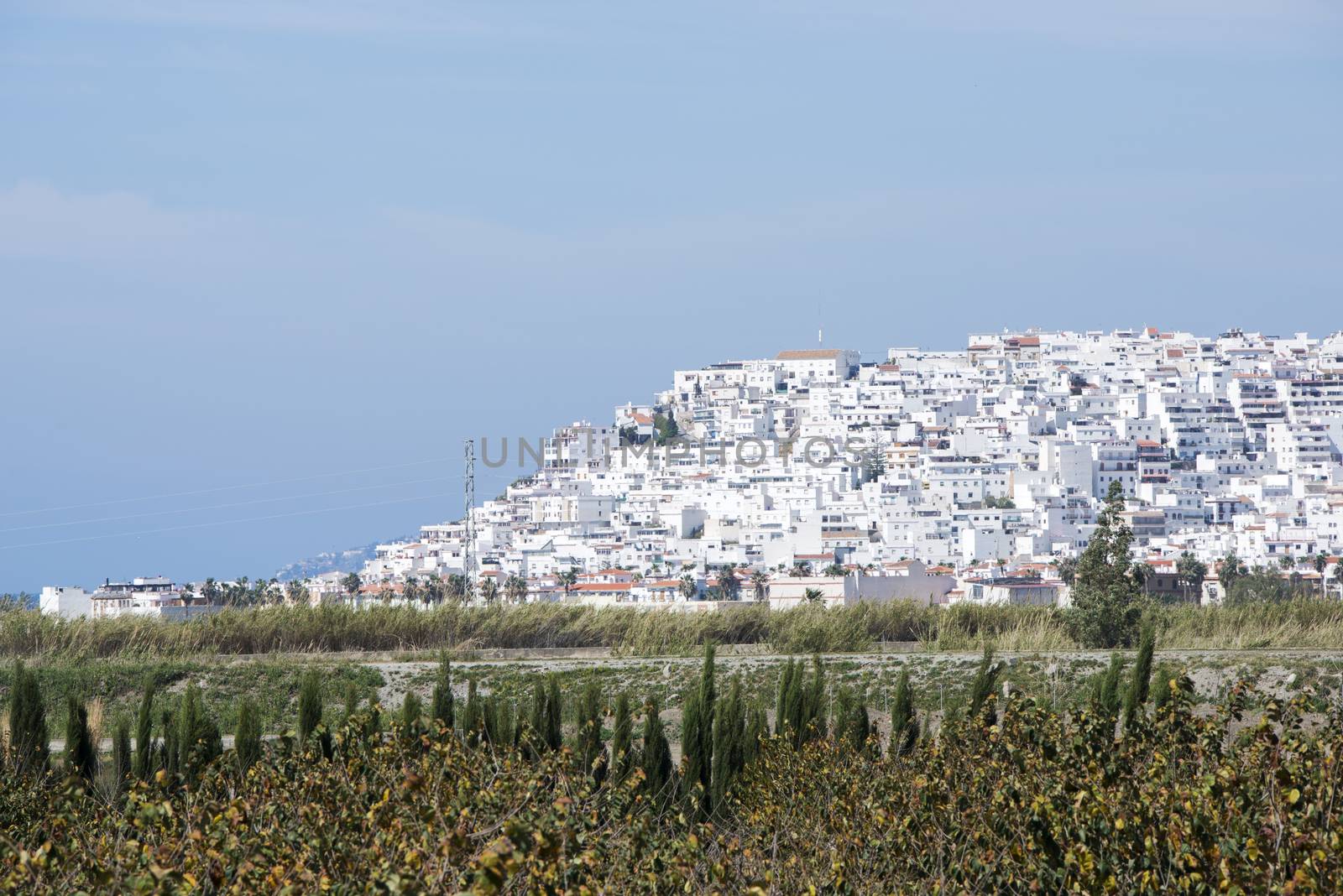 white typical spanish houses on a hill in andalusia near the city of malaga at the coast of spain