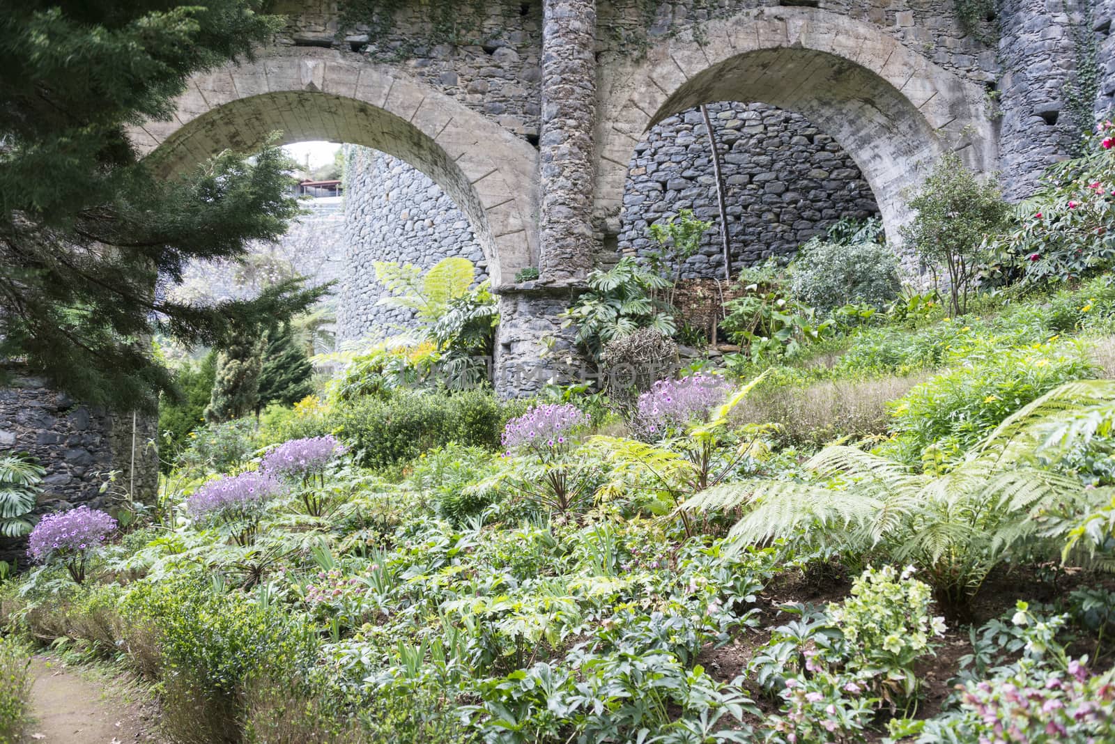 flower garden in Monte Madeira with old bridge