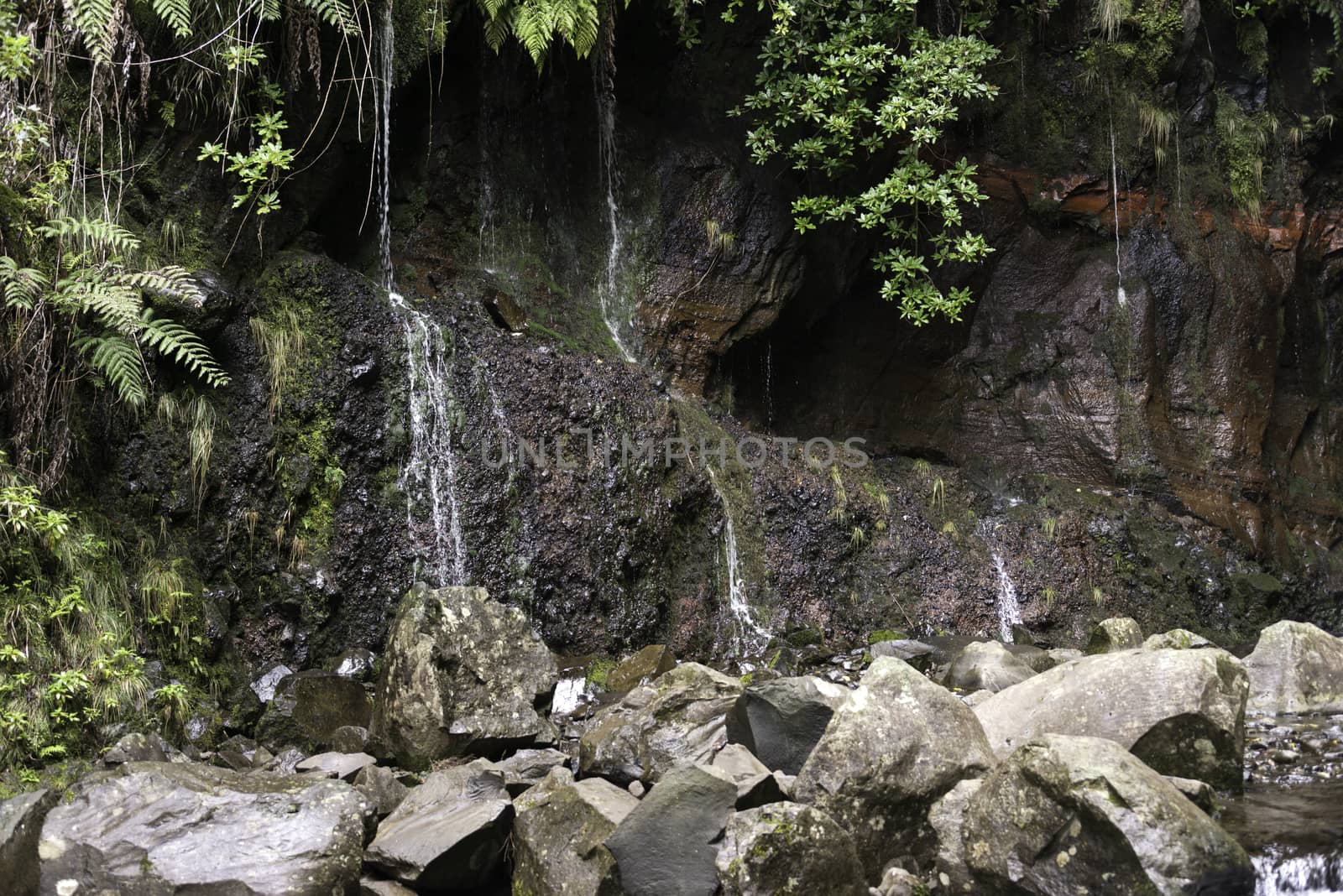 waterfall on madeira island on levada das 25 fontes tracking in wild nature with red rocks and stones