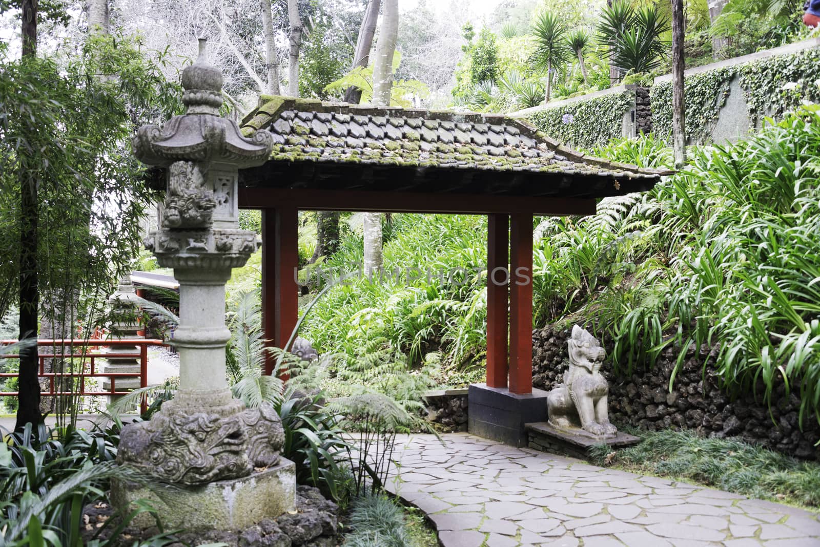Monte Tropical Gardens with red Japanese style pavilions, Funchal, Madeira island, Portugal