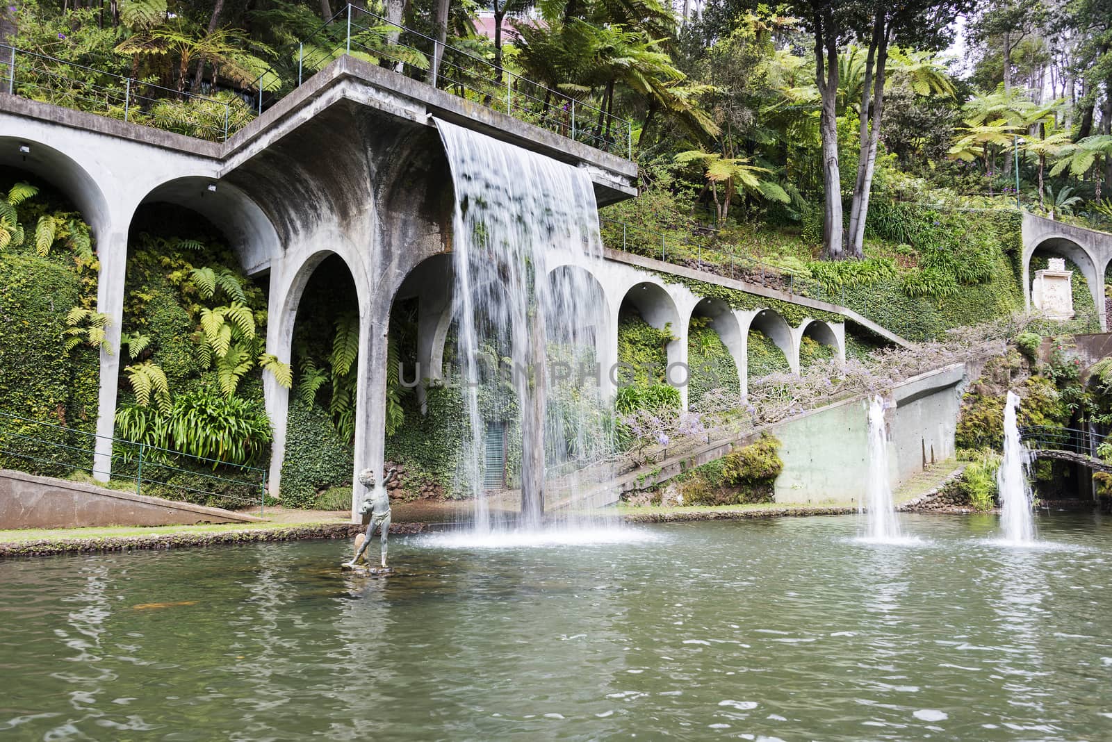 Waterfall in the tropican Monte Palace Garden. Funchal, Madeira, Portugal.