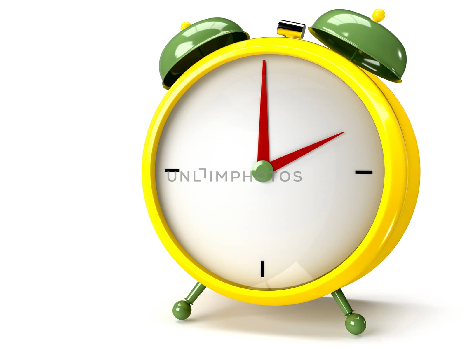 Closeup view of colorful alarm clock on white background. 2 O'Clock, am or pm. 3D rendering