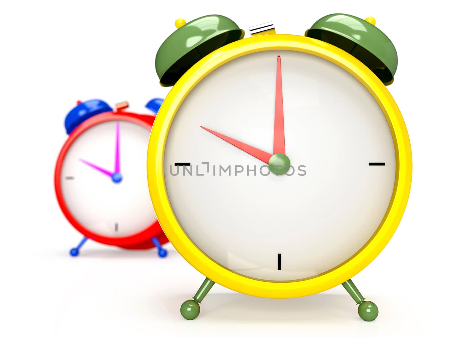 Two colorful alarm clock on white background. 3D rendering