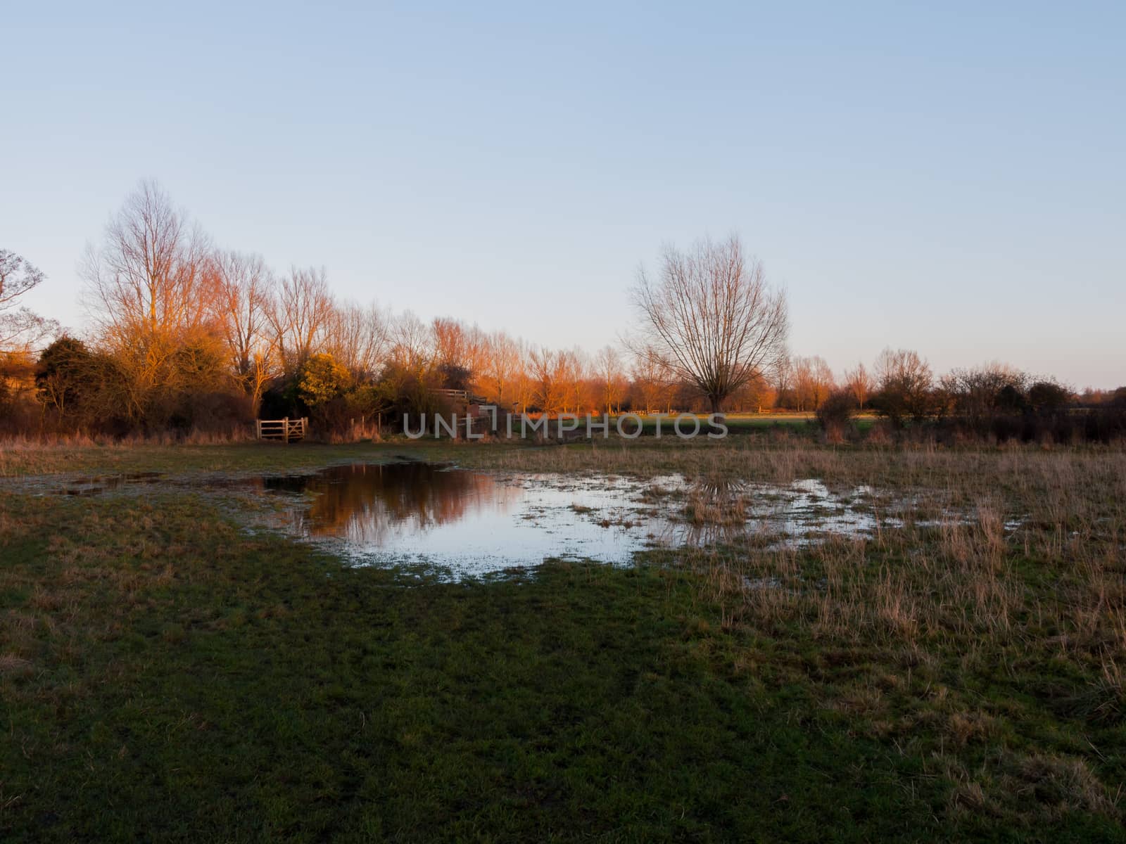 waterlogged country walkway white sky autumn field dedham; essex; england; uk