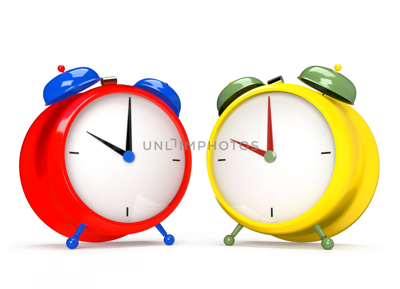 Two colorful alarm clocks on white background. 3D rendering by Nobilior