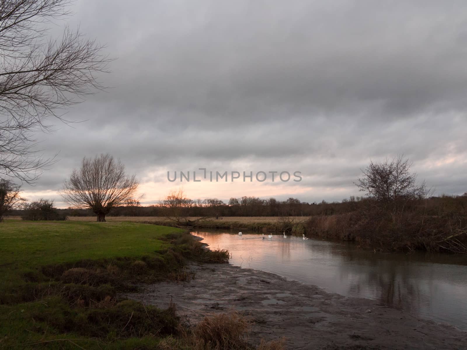 sunset moody sky winter autumn over green field with trees water; essex; england; uk