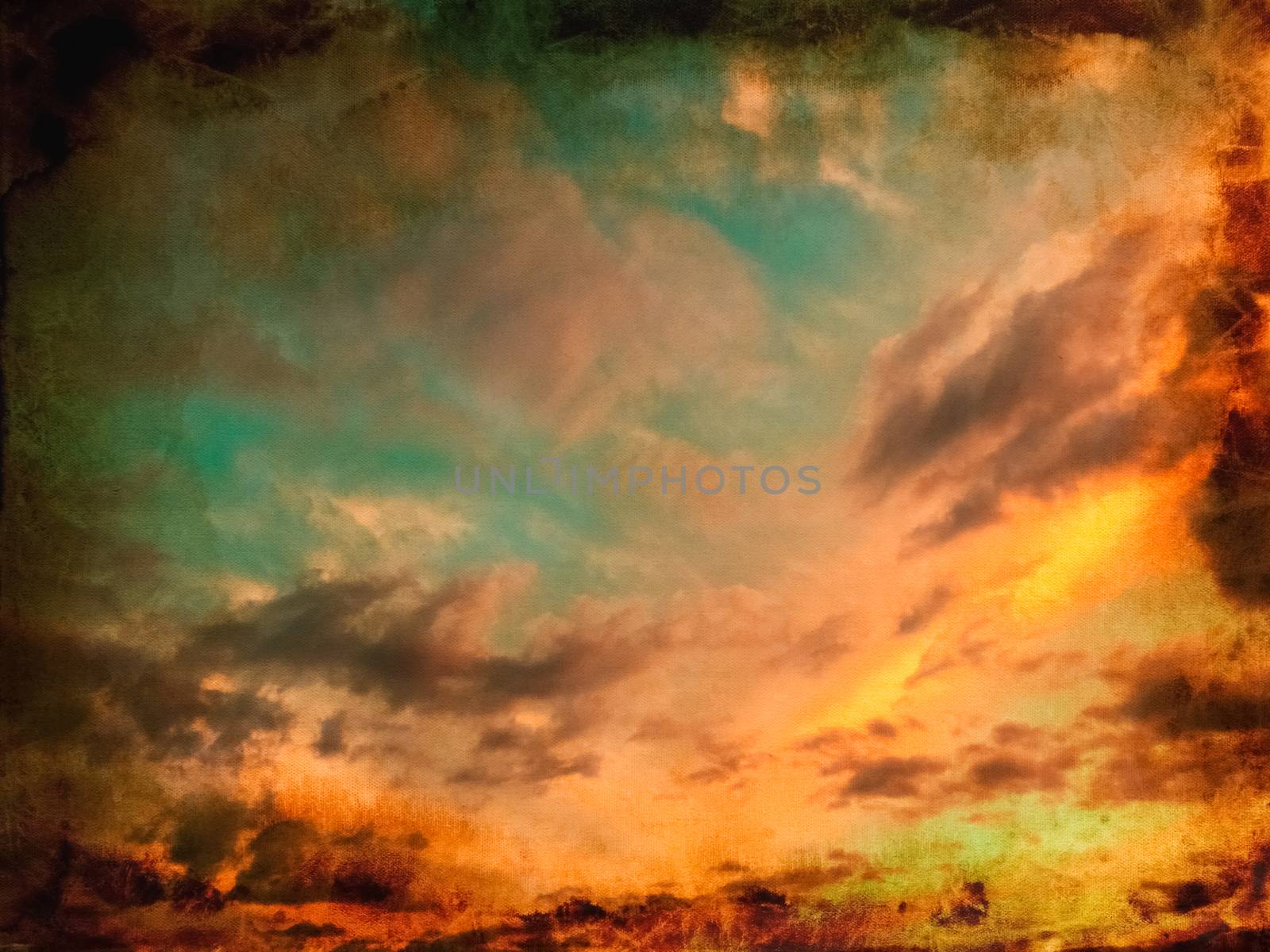 Vintage sunset sky and clouds background with burnt edges.