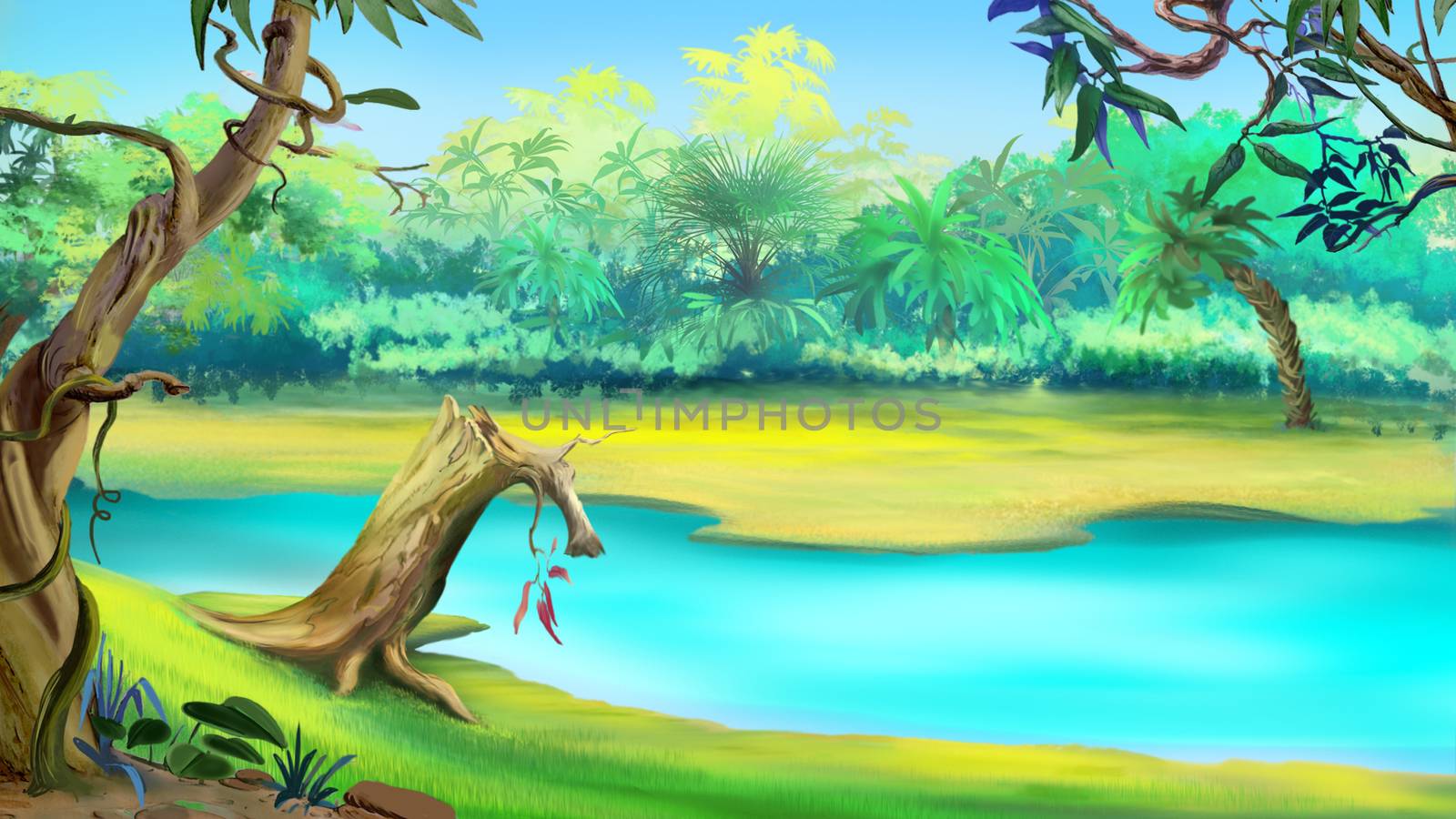 Small River in the Tropical Jungle in a sunny day. Digital Painting Background, Illustration in cartoon style character.