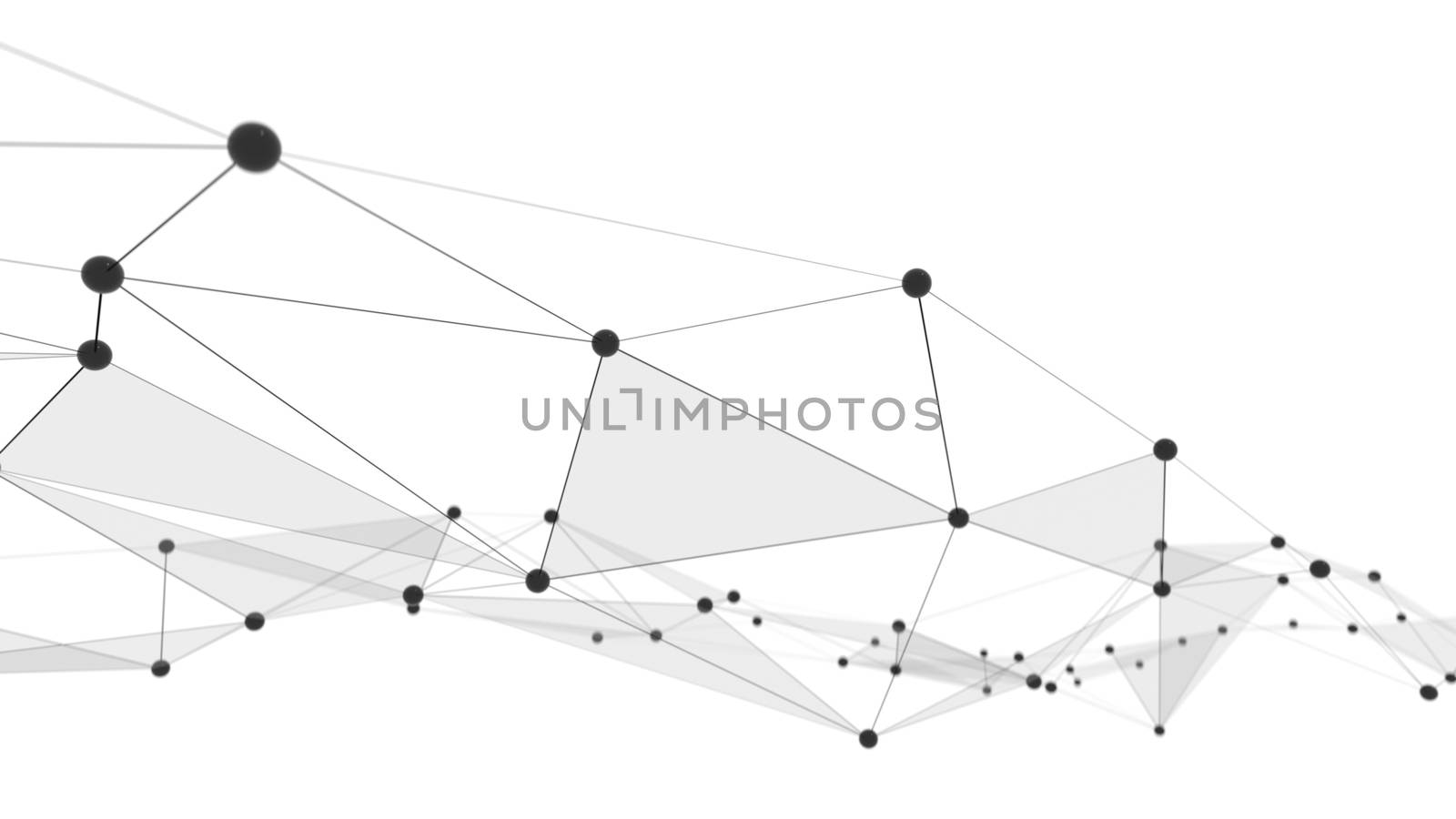 Concept of Network, Internet Communication. The black points are connected by lines and blue transparent triangles. 3D Illustration