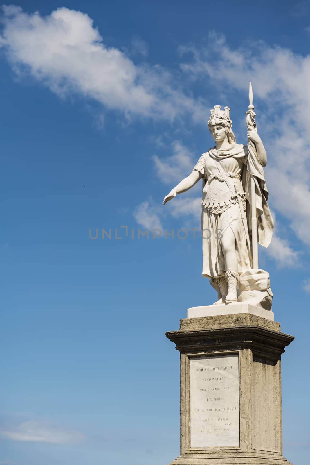 view of the ancient statue of liberty against the bright blue sky in San Marino Republic